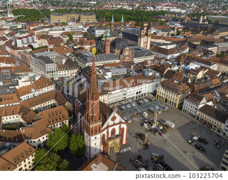 Wurzburg Historical Center Aerial Drone Photo. Old Main Bridge, Wurzburg Cathedral, Marktplatz and walking People 103225704