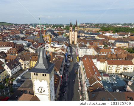 Wurzburg Historical Center Aerial Drone Photo. Old Main Bridge, Wurzburg Cathedral, Marktplatz and walking People Wurzburg Historical Center Aerial Drone Photo. Old Main Bridge, Wurzburg Cathedral, Marktplatz and walking People 103225709