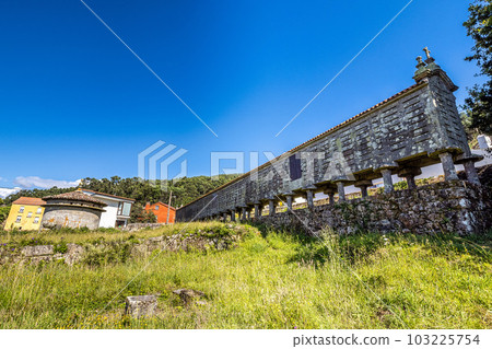 The long and narrow grain store, horreo at Lira in Galicia, Spain. 103225754