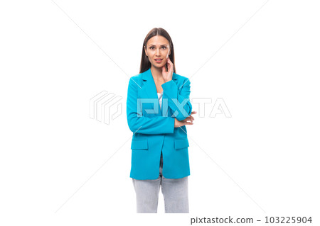 stylish young brunette businesswoman in blue jacket isolated on white background with copy space 103225904