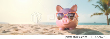 Pink Piggy Bank in Sunglasses with Tropical Sandy Beach, Sea and Palms Background, Copy Space for Text Banner. Savings for Vacation, Summer Holidays concept. Generative AI. Pink Piggy Bank in Sunglasses with Tropical Sandy Beach, Sea and Palms Background, Copy Space for Text Banner. Savings for Vacation, Summer Holidays concept. Generative AI. 103226250