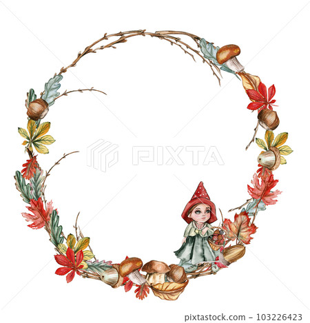 Fall wreath, for cards, backgrounds. Watercolor illustration for scrapbooking. Cartoon hand drawn background with flower for kids design. Perfect for wedding invitation. Fall wreath, for cards, backgrounds. Watercolor illustration for scrapbooking. Cartoon hand drawn background with flower for kids design. Perfect for wedding invitation. 103226423