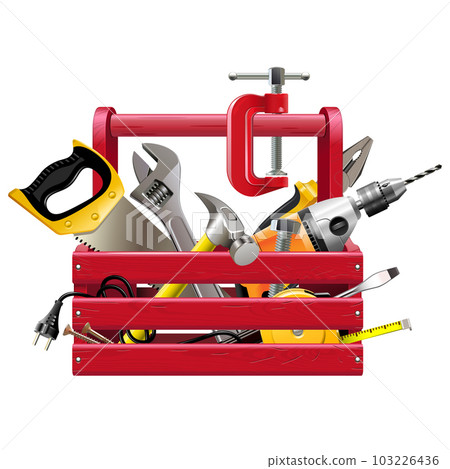 Vector Red Wooden Crate with Tools 103226436