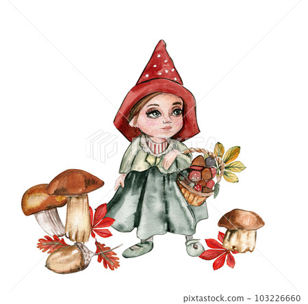 Composition of an autumn girl gnome . Hand drawn illustration of autumn. Perfect for scrapbooking, kids design, wedding invitation, posters, greetings cards, party decoration. 103226660