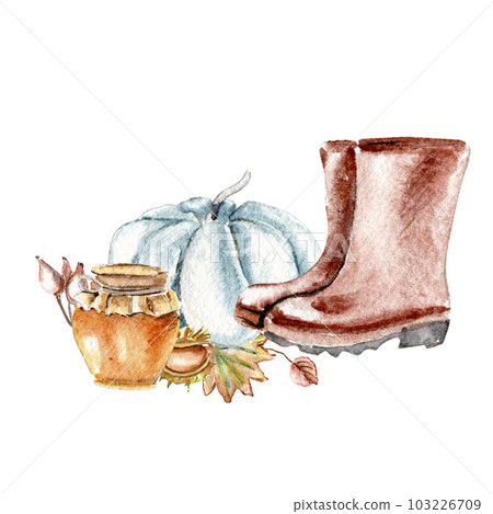 Composition of fall flowers, leaves,pumpkins, boots and berries. Hand drawn autumn leaves and elements. Hand drawn illustration of autumn. Perfect for scrapbooking, wedding invitation, posters. Composition of fall flowers, leaves,pumpkins, boots and berries. Hand drawn autumn leaves and elements. Hand drawn illustration of autumn. Perfect for scrapbooking, wedding invitation, posters. 103226709