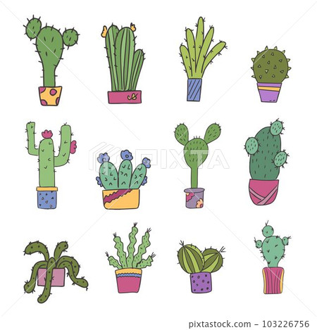 Cute set of potted cacti in doodle style illustration. For the design of postcards, invitations or stickers. Isolated vector 103226756