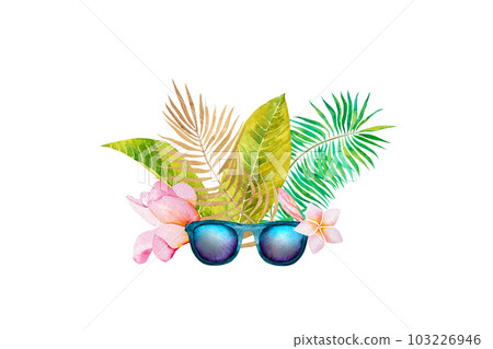 watercolor illustration of sunglasses .tropical flowers, palm tree branch, on a white background watercolor illustration of sunglasses .tropical flowers, palm tree branch, on a white background 103226946