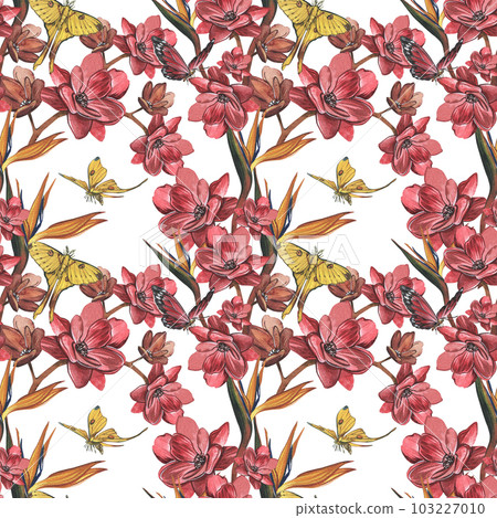 Seamless pattern butterfly, red flower, strelitzia isolated on white. Watercolor hand drawn illustration. Art for design Seamless pattern butterfly, red flower, strelitzia isolated on white. Watercolor hand drawn illustration. Art for design 103227010