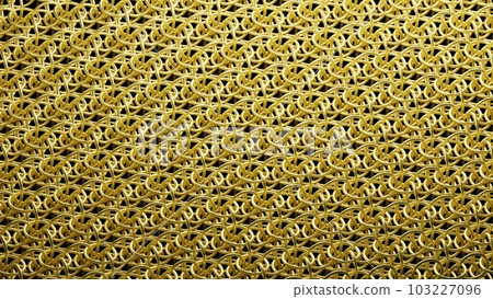 3D rendering of golden geometric mesh with round links segments. Jewelry golden lattice production background. Realistic gold illustration background 103227096