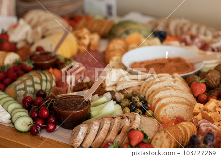 Delicious gourmet food setup of snacks for party. Creative food setup, catering service Delicious gourmet food setup of snacks for party. Creative food setup, catering service 103227269