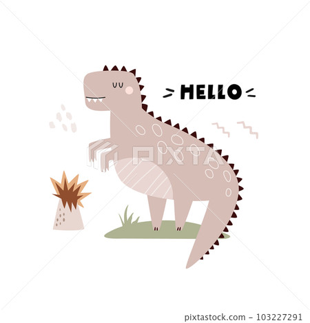 Funny illustration with dinosaur tyrannosaurus in a simple hand drawn style Funny illustration with dinosaur tyrannosaurus in a simple hand drawn style 103227291