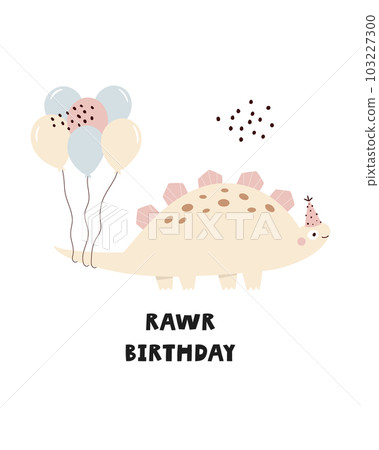 Illustration with a cute Birthday dinosaur in a simple hand drawn style. 103227300