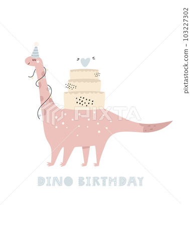 Illustration with a cute Birthday dinosaur in a simple hand drawn style. Illustration with a cute Birthday dinosaur in a simple hand drawn style. 103227302