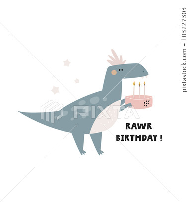Illustration with a cute dinosaur in a Birthday cap in a simple hand drawn style. Illustration with a cute dinosaur in a Birthday cap in a simple hand drawn style. 103227303