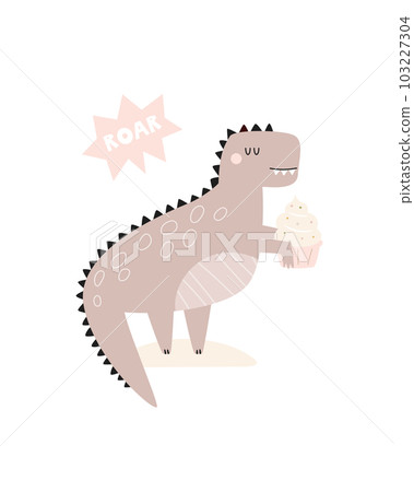 Illustration with a cute Birthday dinosaur tyrannosaurus in a simple hand drawn style. Illustration with a cute Birthday dinosaur tyrannosaurus in a simple hand drawn style. 103227304