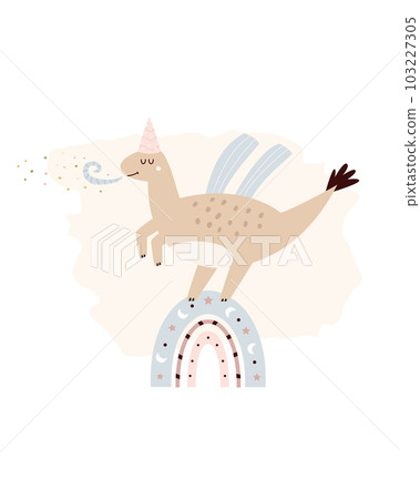 Illustration with a cute Birthday dinosaur in a simple hand drawn style. Illustration with a cute Birthday dinosaur in a simple hand drawn style. 103227305