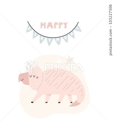 Illustration with a cute Birthday dinosaur in a simple hand drawn style. Illustration with a cute Birthday dinosaur in a simple hand drawn style. 103227306