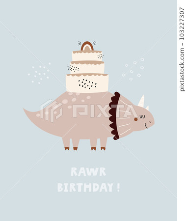 Illustration with a cute Birthday dinosaur in a simple hand drawn style. Illustration with a cute Birthday dinosaur in a simple hand drawn style. 103227307