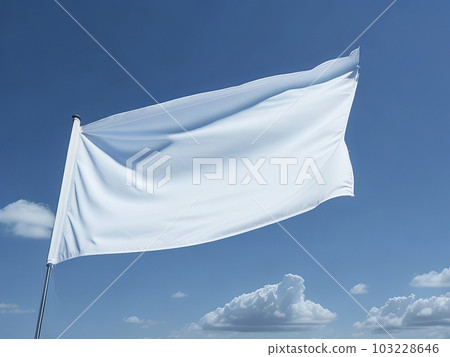 Create Dynamic Designs with White Blank Flag Waving Against Cloudy Sky. Generative AI. 103228646