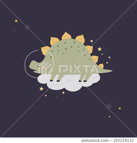 Funny illustration of a dinosaur sitting on a cloud in a space Funny illustration of a dinosaur sitting on a cloud in a space 103229132