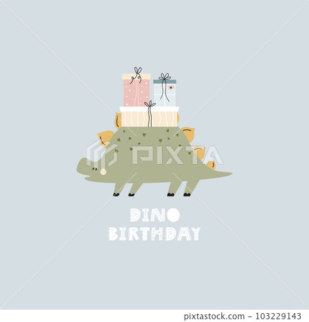 Illustration in a simple hand drawn style with a cute Birthday dinosaur and gift boxes Illustration in a simple hand drawn style with a cute Birthday dinosaur and gift boxes 103229143
