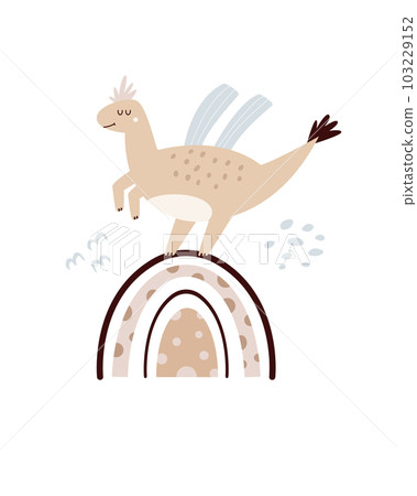 Illustration with a cute dinosaur and boho rainbowin a simple hand drawn style. Illustration with a cute dinosaur and boho rainbowin a simple hand drawn style. 103229152
