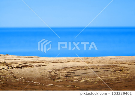 A cracked, weather-beaten tree trunk, a log on the yellow sand on the shore of the blue sea A cracked, weather-beaten tree trunk, a log on the yellow sand on the shore of the blue sea 103229401