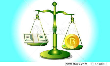 The scales are weighing the dollar and bitcoin, which weighs more heavily now in the world of economics. The scales are weighing the dollar and bitcoin, which weighs more heavily now in the world of economics. 103230085