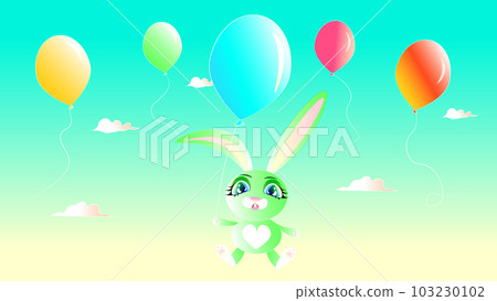 A cute bunny the colour of young grass flies in a balloon. Happy Easter. 103230102
