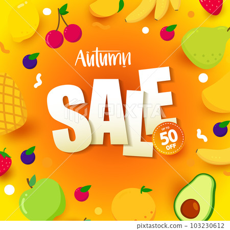 Autumn Sale. Bright Autumn banner with fruits on orange background. 103230612