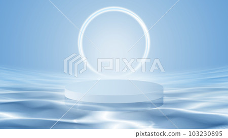 空的圓形産品場景展台浮在水面上3D渲染 103230895