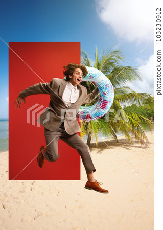 Excited businessman in formalwear holding swimming circle and jumping into beach with palms. Summertime rest. Creative collage. 103230912