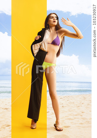 Young girl standing in formal wear and swimsuit, finishing tasks and deadlines for summer holidays at beach. Creative collage. 103230917