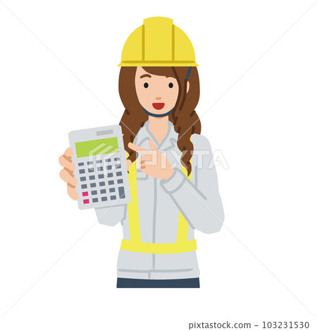 一個建築工地的女人站著指著計算器 一個建築工地的女人站著指著計算器 103231530