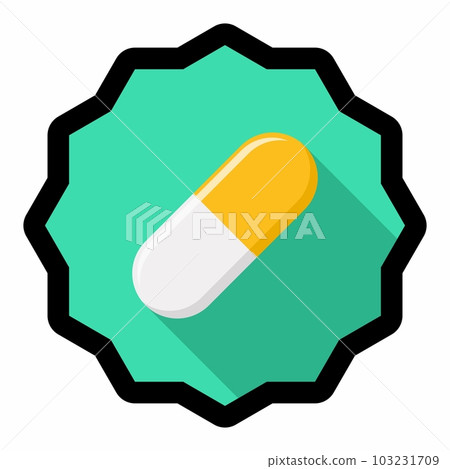 Yellow Pill Capsule, Medicine, vector mark symbols Yellow style. Black Stroke design. Isolated icon. 103231709