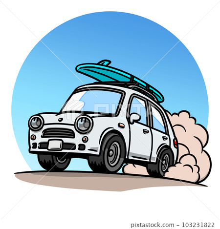 Illustration of a white car running on a sandy beach under the blue sky (equipped with a surfboard) Illustration of a white car running on a sandy beach under the blue sky (equipped with a surfboard) 103231822