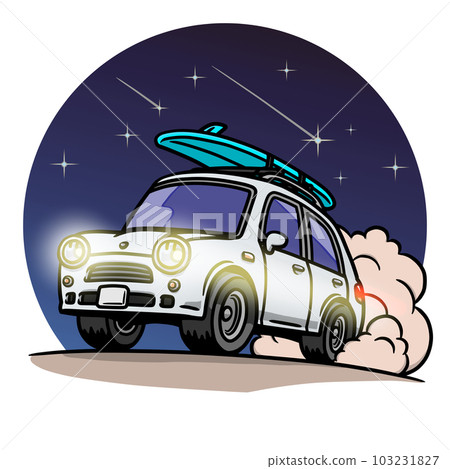 一輛白色汽車在沙灘上行駛,同時在星空下留下光蹟的插圖 一輛白色汽車在沙灘上行駛,同時在星空下留下光蹟的插圖 103231827