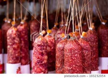 sausage on the counter of the sausage department 103232054