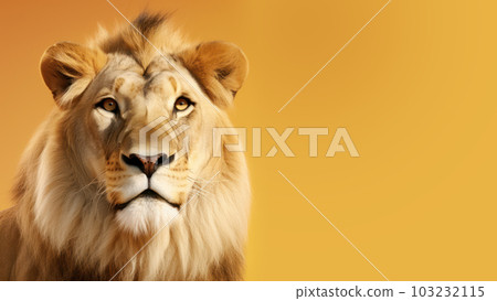 Advertising portrait, banner, serious lion looking straight with with a lush mane, isolated on yellow background. Generated Ai. High quality illustration 103232115
