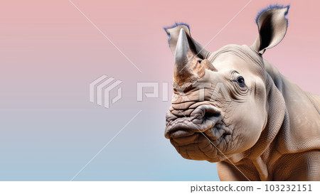 Advertising portrait, banner, dangerous brown rhinoceros shown waist-length looking from right to left, isolated on blue-pink neutral background. Generated Ai. High quality illustration 103232151