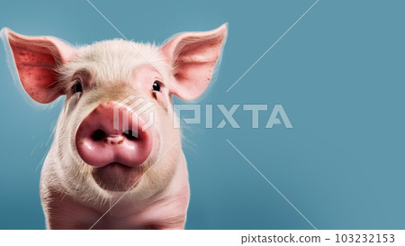 Advertising portrait, banner, funny pink pig, piglet with pink new, with raised ears looking directly at the camera, isolated on a blue neutral background. Generated Ai. High quality illustration 103232153