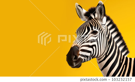 Advertising portrait, banner, beautiful white black skin zebra, simple look, isolated on neutral yellow background. Generated Ai. High quality illustration Advertising portrait, banner, beautiful white black skin zebra, simple look, isolated on neutral yellow background. Generated Ai. High quality illustration 103232157