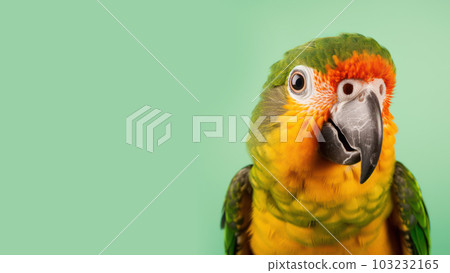 Advertising portrait, banner, luxurious Amazonian parrot, with yellow, green, red coloration, isolated on a green neutral background. Generated Ai. High quality illustration Advertising portrait, banner, luxurious Amazonian parrot, with yellow, green, red coloration, isolated on a green neutral background. Generated Ai. High quality illustration 103232165