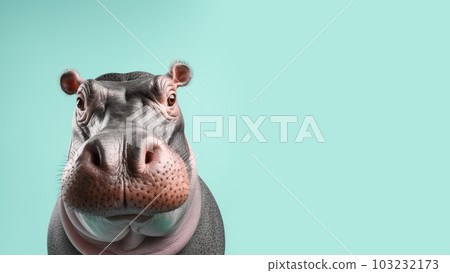 Advertising portrait, banner, dangerous brown hippopotamus seriously looking directly at the camera, isolated on a blue background. Generated Ai. High quality illustration 103232173