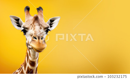 Advertising portrait, banner, calm giraffe on the left side of the frame, with a surprised look, isolated on a neutral yellow background. Generated Ai. High quality illustration Advertising portrait, banner, calm giraffe on the left side of the frame, with a surprised look, isolated on a neutral yellow background. Generated Ai. High quality illustration 103232175