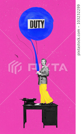 Contemporary art collage with strict, bossy businesswoman standing on table with cup of coffee dictates duties to co-workers over pink background. Vibrant colours 103232299