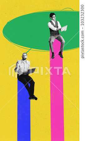 Contemporary collage of employees, productivity analytics working together with motivation over yellow background. Analytics, income, finance, teamwork 103232300