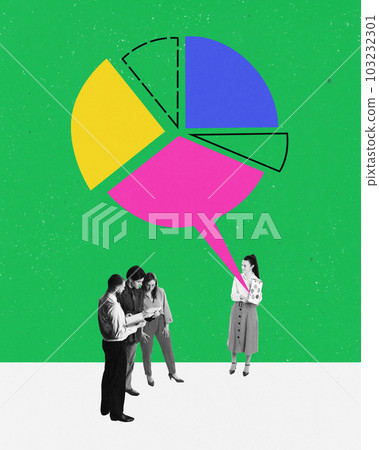 Contemporary art collage with a group of people, team discussing a new strategy of the company, working on a project over green background 103232301
