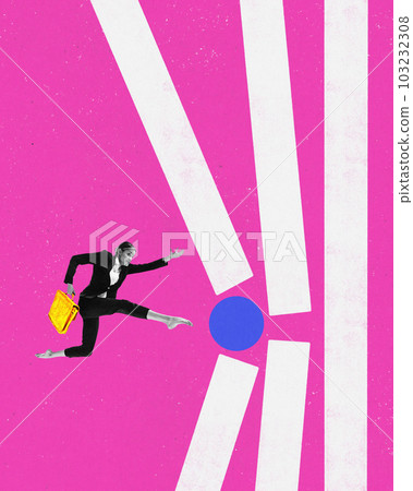 Contemporary art collage with hardworking girl, businesswoman running to success with motivated face over pink background. Vibrant colours. Career growth Contemporary art collage with hardworking girl, businesswoman running to success with motivated face over pink background. Vibrant colours. Career growth 103232308