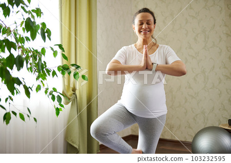 Authentic portrait of a conscious pregnant woman with her eyes closed, practicing pregnancy yoga in tree posture with namaste hands gesture, smiling while meditating in tranquil homely atmosphere Authentic portrait of a conscious pregnant woman with her eyes closed, practicing pregnancy yoga in tree posture with namaste hands gesture, smiling while meditating in tranquil homely atmosphere 103232595